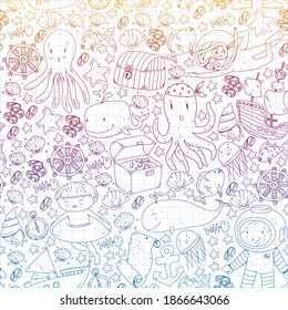 Vector icons of sea ocean adventure for little children. Nautical pattern for kids. Whale, pirates, pirate map, treasure chest, diving and fishes.