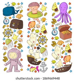 Vector icons of sea ocean adventure for little children. Nautical pattern for kids. Whale, pirates, pirate map, treasure chest, diving and fishes.
