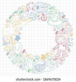 Vector icons of sea ocean adventure for little children. Nautical pattern for kids. Whale, pirates, pirate map, treasure chest, diving and fishes.