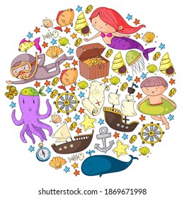 Vector icons of sea ocean adventure for little children. Nautical pattern for kids. Whale, pirates, pirate map, treasure chest, diving and fishes.