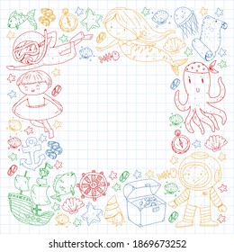 Vector icons of sea ocean adventure for little children. Nautical pattern for kids. Whale, pirates, pirate map, treasure chest, diving and fishes.