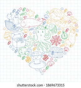Vector icons of sea ocean adventure for little children. Nautical pattern for kids. Whale, pirates, pirate map, treasure chest, diving and fishes.