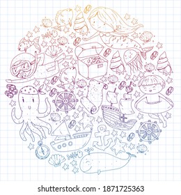 Vector icons of sea ocean adventure for little children. Nautical pattern for kids. Whale, pirates, pirate map, treasure chest, diving and fishes.