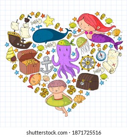 Vector icons of sea ocean adventure for little children. Nautical pattern for kids. Whale, pirates, pirate map, treasure chest, diving and fishes.