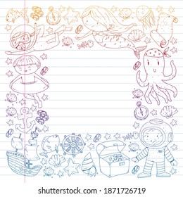 Vector icons of sea ocean adventure for little children. Nautical pattern for kids. Whale, pirates, pirate map, treasure chest, diving and fishes.