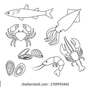 Vector icons of seafood: crab, fish, squid, lobster, mussel, oyster, shrimp.