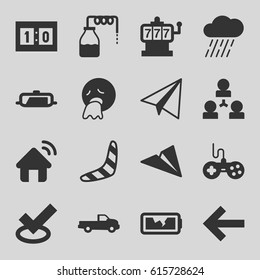 Vector icons set. set of 16 vector filled icons such as canister, pan, car, joystick, boomerang, paper airplane, Slot machine, vomiting emot, rain, broken battery, sport score