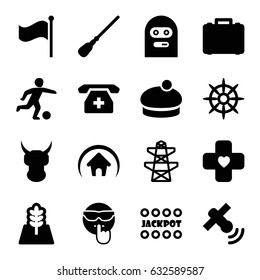 Vector icons set. set of 16 vector filled icons such as Jackpot, mop, woman hat, pylon, thief emot, cool emot, helm, flag, medical phone, bandage, tree, home, football player