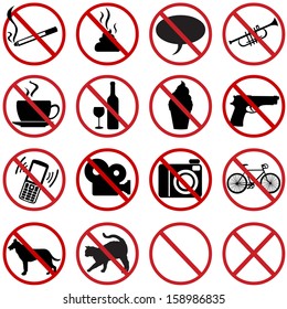 vector icons set - 16 flat prohibition signs