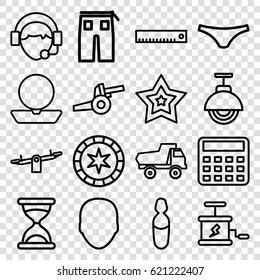 Vector icons set. set of 16 vector outline icons such as toy car, swing, face, powder, hourglass, female underwear, pants, calculator, operator, medical ampoule, star