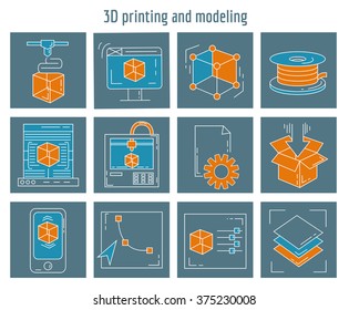 Vector icons set 3d printing and modeling