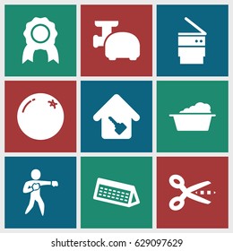 Vector icons set. set of 9 vector filled icons such as orange, laundry, trash bin, home key, meat grinder, karate, calendar, medal