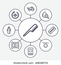 Vector icons set. set of 9 vector outline icons such as passport, comb, razor, overcoat, truck, drop under magnifier, play, water military