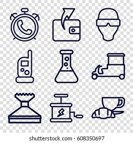 Vector icons set. set of 9 vector outline icons such as alarm, baby monitor phone, Wallet, window squeegee, fast food cart, coffee and croissant, dynamite