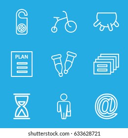 Vector icons set. set of 9 vector outline icons such as udder, child bicycle, do not disturb, pipette, plan, man with case, hourglass, at mail