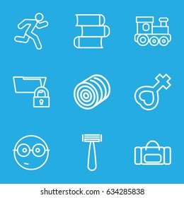 Vector icons set. set of 9 vector outline icons such as hay, train toy, razor, female, running, nerd emoji, book, folder protection