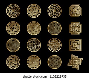 Vector icons set. Abstract patterns for monograms, logos, symbols, corporate identity. Art illustration templates with elements of geometry. Print gold foil on black background.