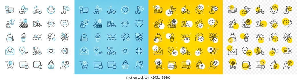 Vector icons set of Account, Discount and Electric bike line icons pack for web with Calendar, Bike, Hold heart outline icon. Heart, Fireworks explosion, Cupcake pictogram. Journey. Vector