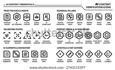 Vector icons set for AI content credentials and digital provenance verification. Linear symbols for metadata transparency, authenticity check and synthetic media disclosure labels in UI design