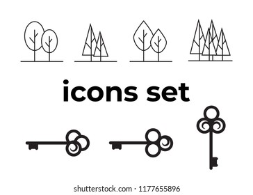 Vector icons set. Air and key icon. Name tag and film roll vector set icons