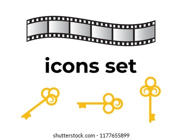 Vector icons set. Air and key icon. Name tag and film roll vector set icons