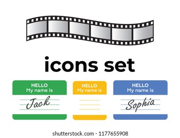 Vector icons set. Air and key icon. Name tag and film roll vector set icons