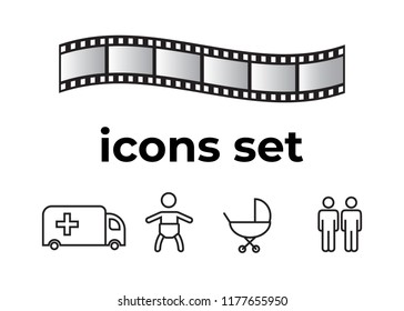 Vector icons set. Air and key icon. Name tag and film roll vector set icons