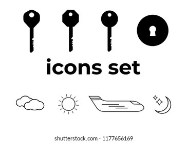 Vector icons set. Air and key icon. Name tag and film roll vector set icons