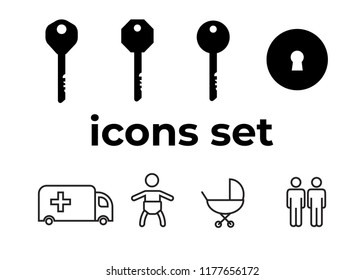 Vector icons set. Air and key icon. Name tag and film roll vector set icons
