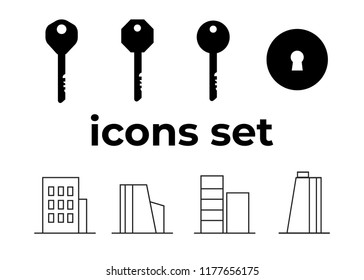 Vector icons set. Air and key icon. Name tag and film roll vector set icons