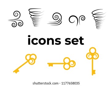 Vector icons set. Air and key icon. Name tag and film roll vector set icons