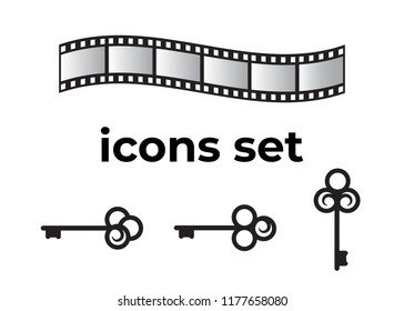 Vector icons set. Air and key icon. Name tag and film roll vector set icons