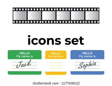 Vector icons set. Air and key icon. Name tag and film roll vector set icons