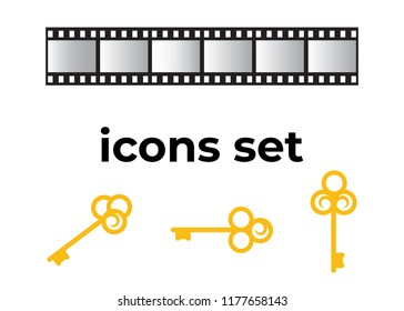 Vector icons set. Air and key icon. Name tag and film roll vector set icons