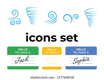 Vector icons set. Air and key icon. Name tag and film roll vector set icons