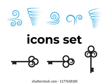 Vector icons set. Air and key icon. Name tag and film roll vector set icons