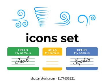 Vector icons set. Air and key icon. Name tag and film roll vector set icons