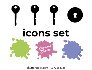 Vector icons set. Air and key icon. Name tag and film roll vector set icons