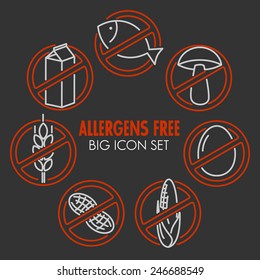 Iconos vectores para productos libres de alérgenos (leche, pescado, huevo, gluten, trigo, nuez, lactosa, maíz, setas) sobre fondo oscuro