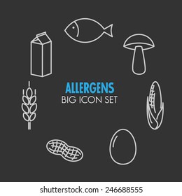 Vector icons set for allergens (milk, fish, egg, gluten, wheat, nut, lactose, corn, mushroom) on dark background