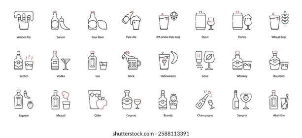 Vector Icons Set - Amber Ale, Saison, Sour Beer, Pale Ale, IPA (India Pale Ale), Stout, Porter, Wheat Beer, Scotch, Vodka, Gin, Bock, Hefeweizen, Gose, Whiskey, Bourbon, Liqueur, Mezcal, Cider, Cognac