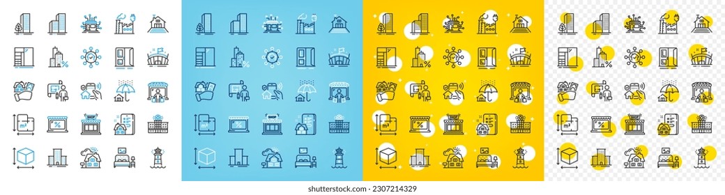 Vector icons set of Arena, Market and Lighthouse line icons pack for web with Factory, Open door, Skyscraper buildings outline icon. Distribution, Realtor, Terrace pictogram. Buildings. Vector