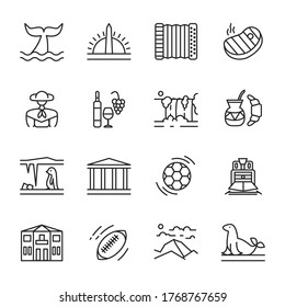 Vector icons set of Argentina in linear style. Collection of national symbols of travel items for web. Outline bundle of famous places, traditional food and argentine culture isolated. South America