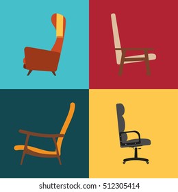 Vector icons set of armchairs on the different color background.