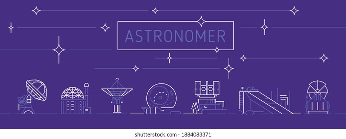 Vector icons set of Astrophysics concept. Line symbol of telescope for observatory emblem, astronomy concept logo design. Contour illustrations telescopes in trendy minimal style. Astronomer science.