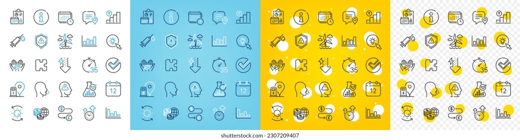 Iconos vectores conjunto de íconos de atención, histograma e iconos de línea de protección Sun para web con transferencia de dinero, Información, Icono de contorno de energía. Laboratorio de Química, Manejo del Tiempo, Pictograma del Rompecabezas. Vector