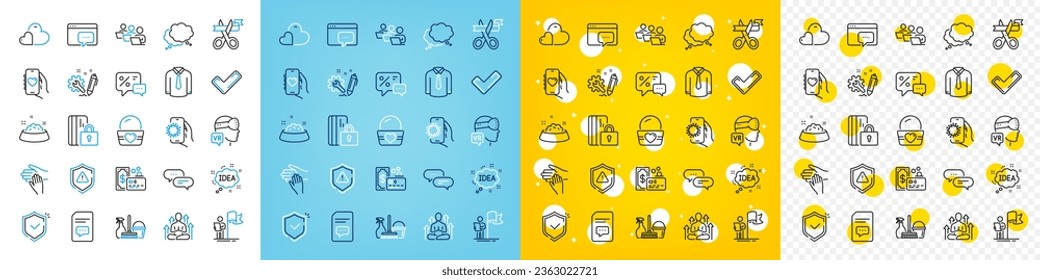 Vector icons set of Augmented reality, Shirt and Leadership line icons pack for web with Engineering, Discounts, Comments outline icon. Dog feeding, Speech bubble, Household service pictogram. Vector