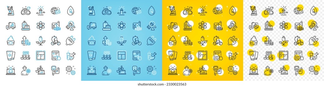 Iconos vectores conjunto de correa de equipaje, paquete de iconos de línea de ingeniero y ventana para web con trabajo en equipo, mapa del tesoro, icono de esquema de votación en línea. Eco power, Anillos matrimoniales, pictograma del temporizador de bicicletas. Vector