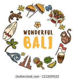 Vector icons set. Balinese traditional Temple, Barong mask, monkey, surf board, gecko, palm tree, Indonesian flag, frangipani, wave, durian. On white background with text block Wonderfiul Bali.