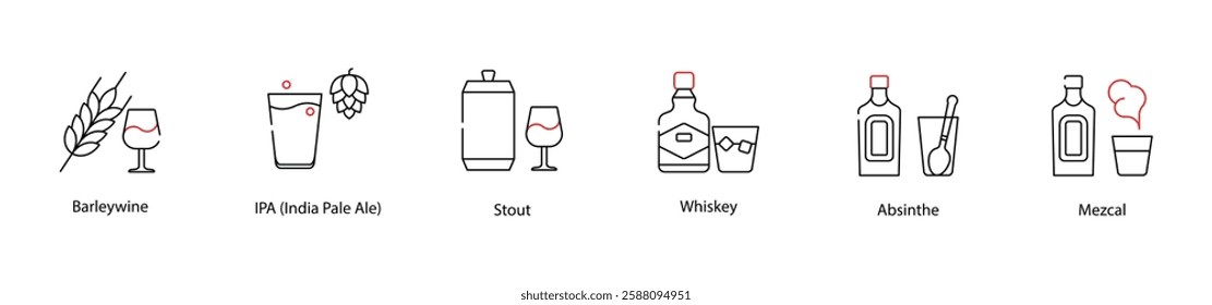 Vector Icons Set - Barleywine, IPA (India Pale Ale), Stout, Whiskey, Absinthe, Mezcal